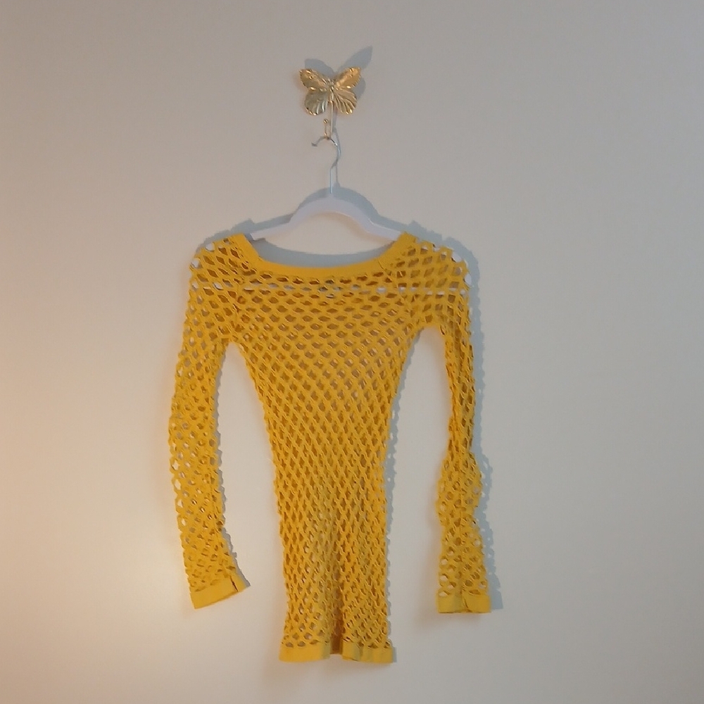 *RARE* Vintage Retro 80s Punk Grip Yellow Open Net Long Sleeve Top